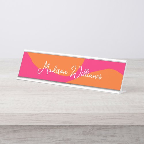 Bright and Bold Hot Pink and Orange Abstract Desk Name Plate