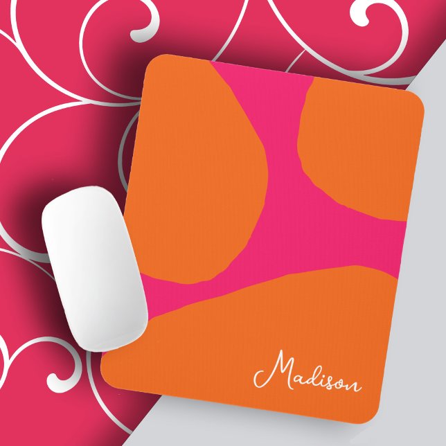 Bright and Bold Hot Pink and Orange with Name Mouse Pad (A bold and bright mouse pad to personalize with your name or monogram.)