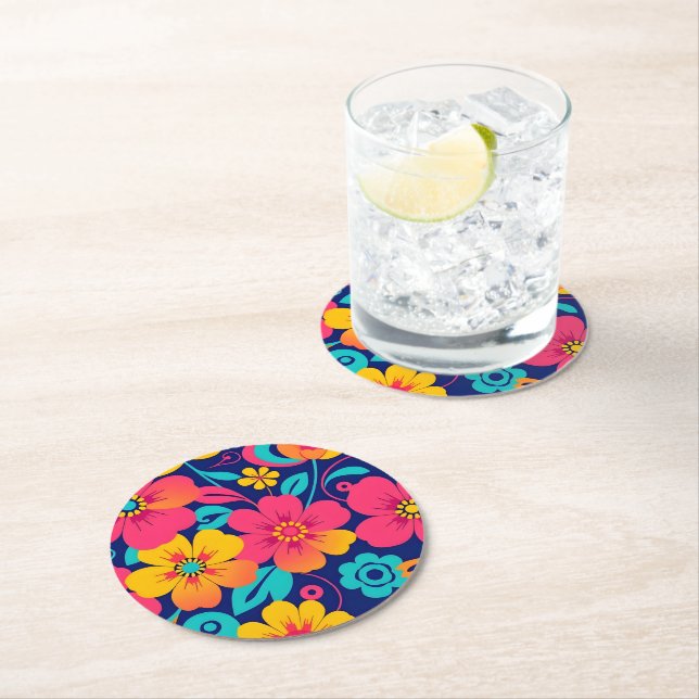 Bright and Bold Retro Flowers-Dopamine Style Round Paper Coaster (Insitu)