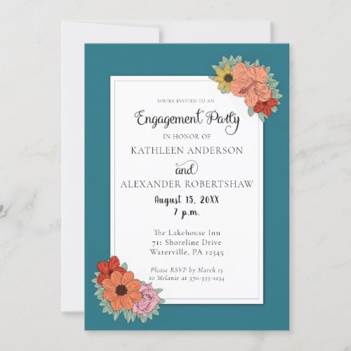 Bright and Bold Teal Blue Floral Engagment Party Invitation