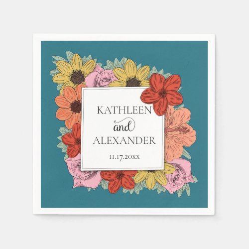 Bright and Bold Teal Blue Floral Wedding Napkins