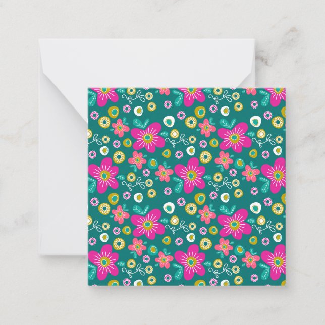 Bright and Cheerful Flowers on Emerald Green Note Card (Front)
