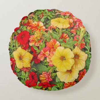 Bright And Cheery Red  Yellow And Orange Petunias Round Pillow by whatawonderfulworld at Zazzle
