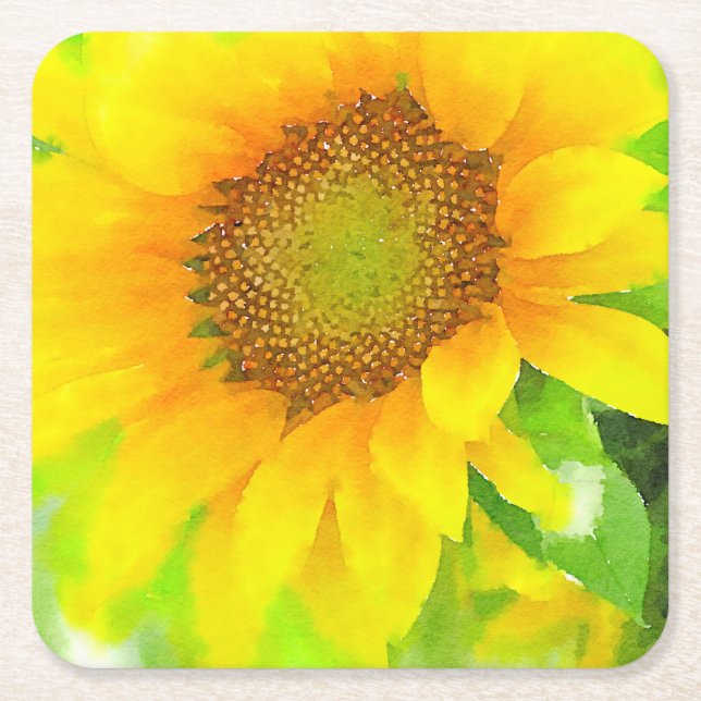 Bright and Cheery Yellow Sunflower Square Paper Coaster (Front)