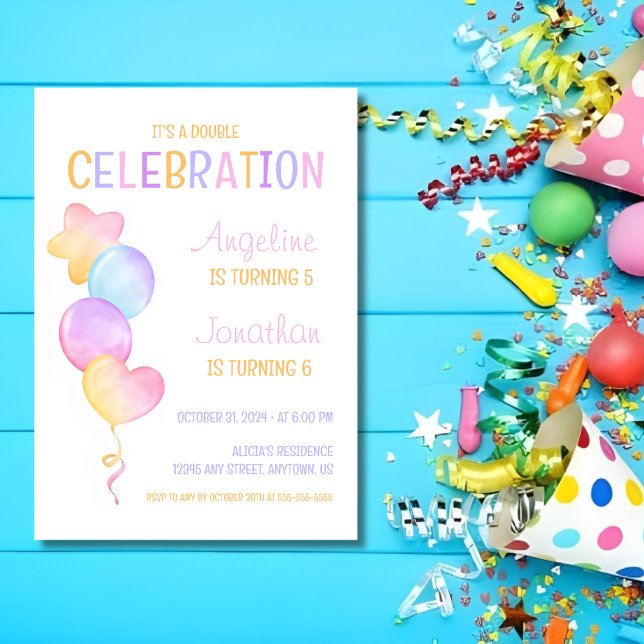 Bright And Colorful Balloon Joint Birthday Invitation (Creator Uploaded)