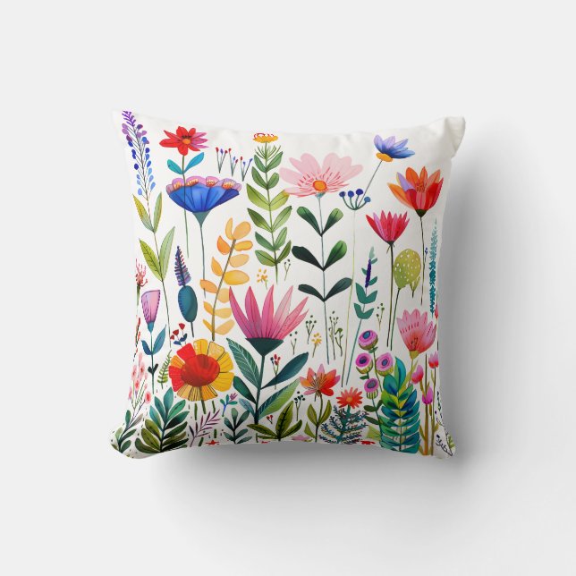 Bright and Colorful Floral Pattern Illustration Throw Pillow (Front)