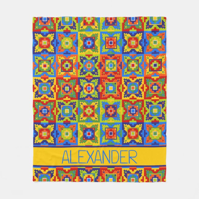 Bright and Colorful Geometric Tile Personalized Fleece Blanket (Front)