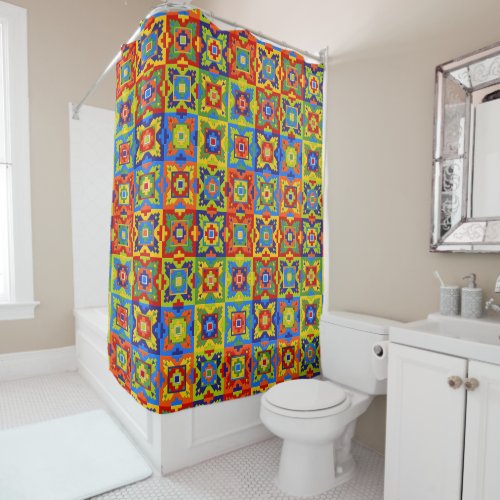 Bright and Colorful Geometric Tile Shower Curtain