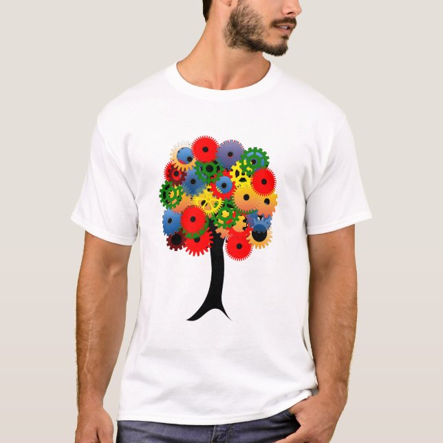 Bright and Colorful Mechanical Gear Tree T-Shirt (Front)