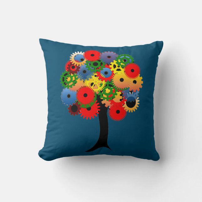 Bright and Colorful Mechanical Gear Tree Throw Pillow (Front)
