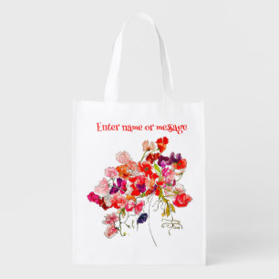 Bright and colourful sweet pea watercolour grocery bag