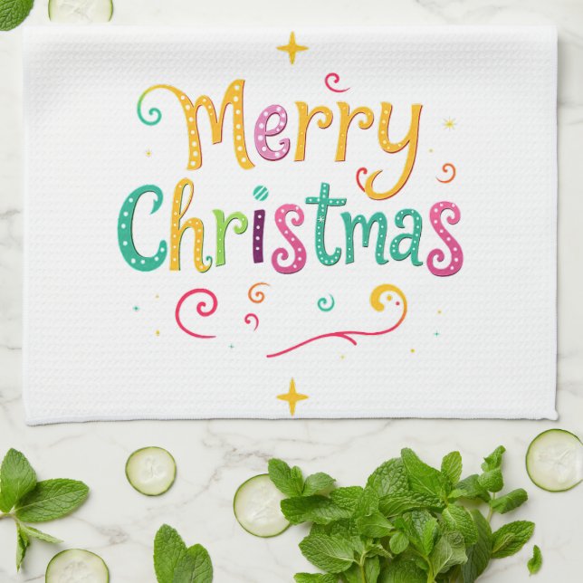 Bright and cool Merry Christmas Kitchen Towel (Folded)