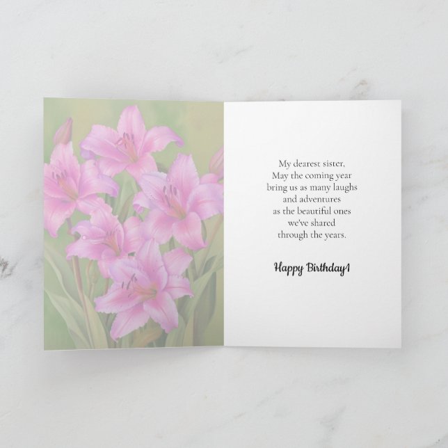 Bright and Cute Pink Lilies Happy Birthday Sister  Card (Inside)