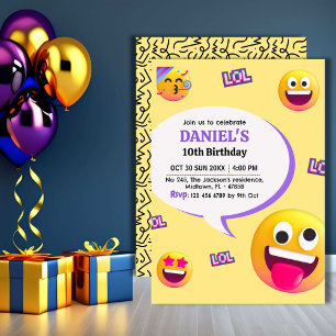 Bright and fun modern emoji themed 10th birthday invitation
