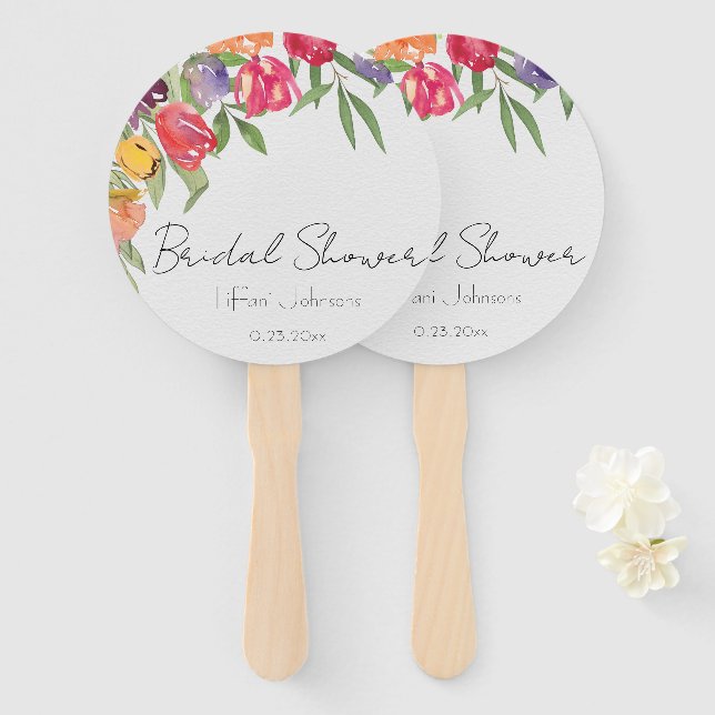 Bright and Fun Tulips Bridal Shower Hand Fan (Front and Back)