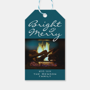 Bright and Merry Fireplace Fire Christmas Photo Gift Tags