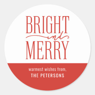 Bright and Merry Modern Festive Red Holiday Classic Round Sticker