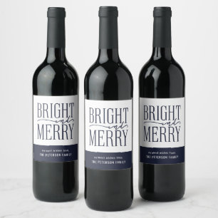 Bright and Merry Modern Holiday Navy Blue Wine Label