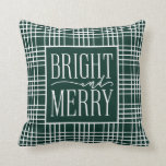 Bright and Merry Modern Holiday Plaid Throw Pillow<br><div class="desc">Bright and Merry,  modern white typography,  festive green and white plaid pattern holiday throw pillow.</div>