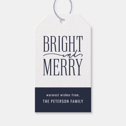 Bright and Merry Modern Navy Blue Holiday Gift Tags