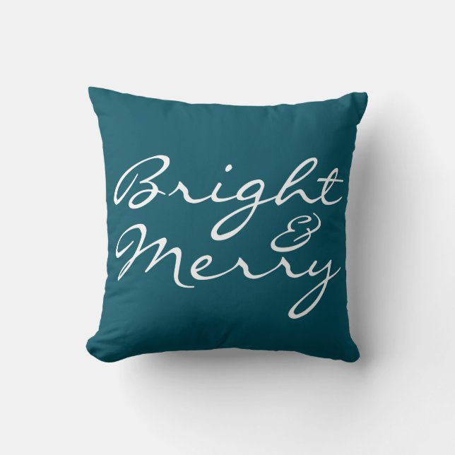 Bright and Merry Script Blue Green Christmas Throw Pillow (Front)