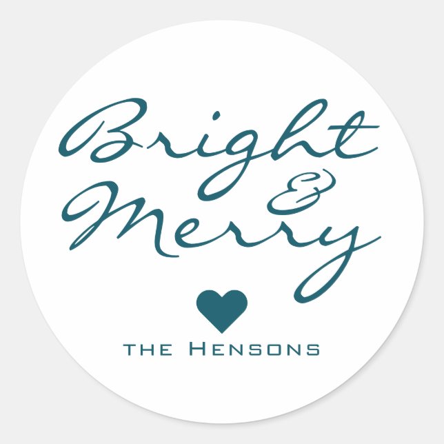 Bright and Merry Script Blue Green Name Christmas Classic Round Sticker (Front)