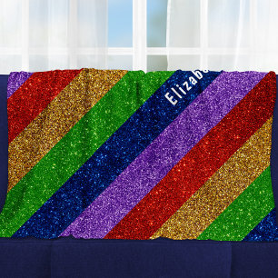 Bright and Sparkly Rainbow Faux Glitter Striped Fleece Blanket