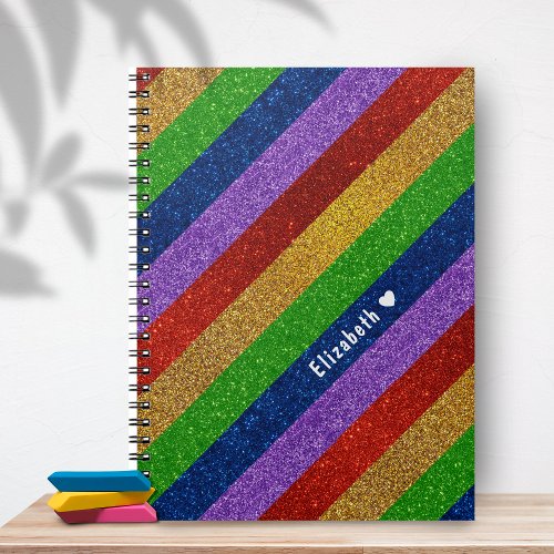  Bright and Sparkly Rainbow Faux Glitter Striped Notebook