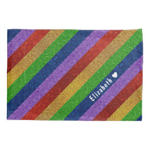 Bright and Sparkly Rainbow Faux Glitter Striped Pillow Case