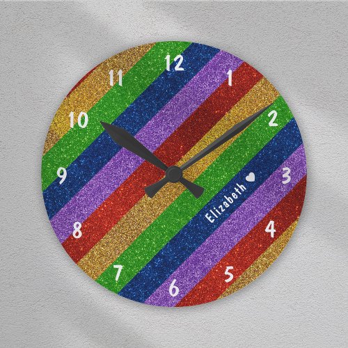 Bright and Sparkly Rainbow Faux Glitter Striped Round Clock