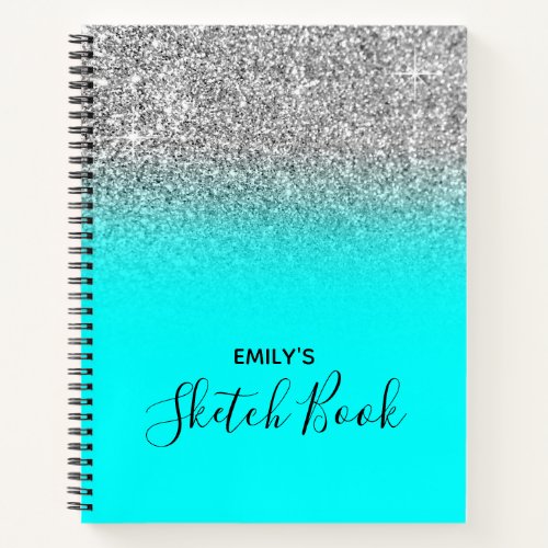 Bright Aqua and Silver Glitter Ombre Drawing Notebook