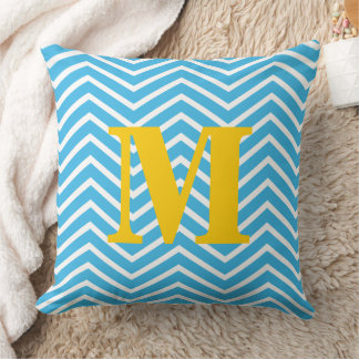 Bright Aqua and White with Yellow Monogram Zig Zag Throw Pillow