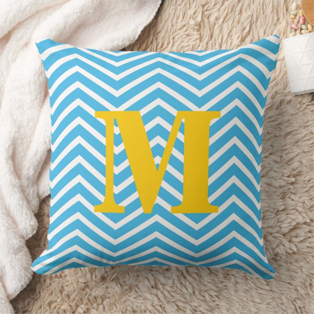 Bright Aqua and White with Yellow Monogram Zig Zag Throw Pillow (Blanket)