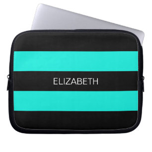 Bright Aqua Black Horiz Preppy Stripe #3 Monogram Laptop Sleeve
