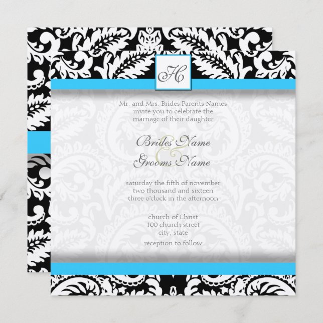 Bright Aqua Black Silver Wedding Invitations (Front/Back)