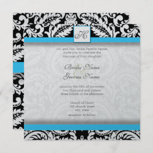 Bright Aqua Black Silver Wedding Invitations