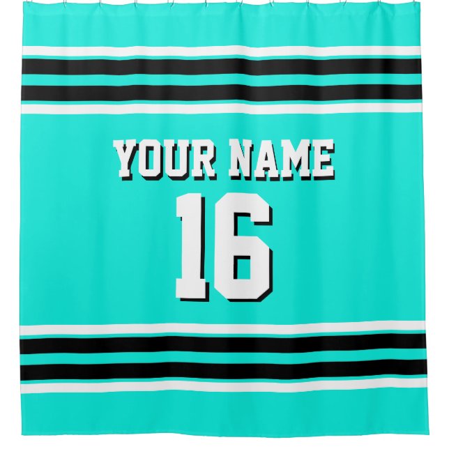 Bright Aqua Black White Stripes Sports Jersey Shower Curtain (Front)