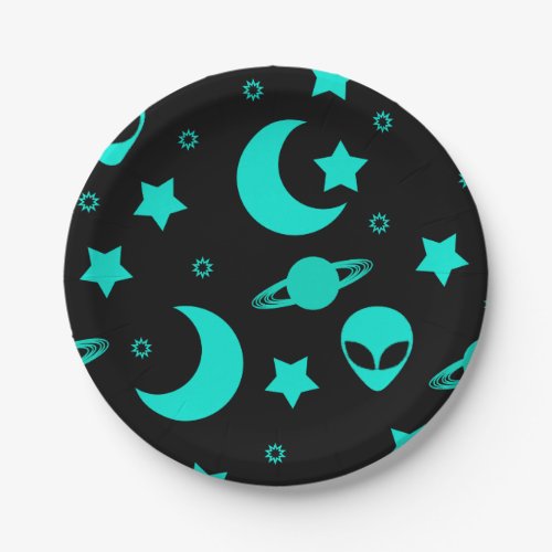 Bright Aqua Blue Alien Heads in Outer Space Paper Plates