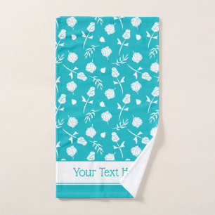 Bright Aqua Blue and White Rosebud Floral Pattern Bath Towel Set