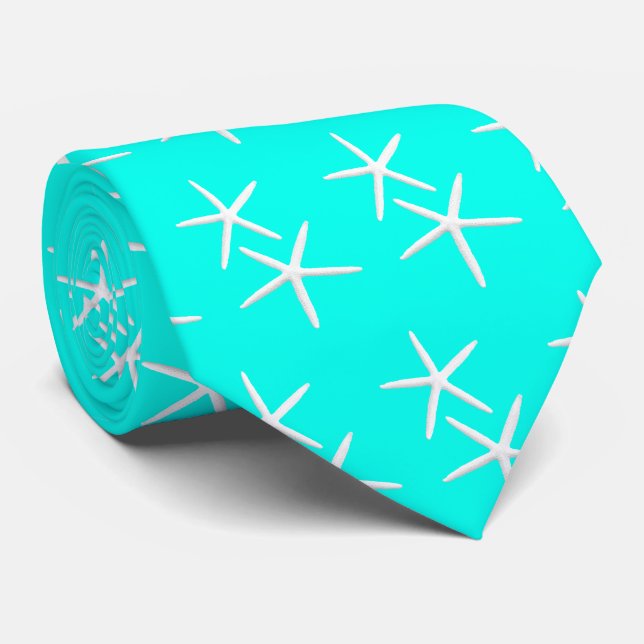 Bright Aqua Blue Starfish Beach Wedding Tie (Rolled)
