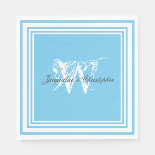 Bright Aqua Blue White Modern Chic Monogram Paper Napkins
