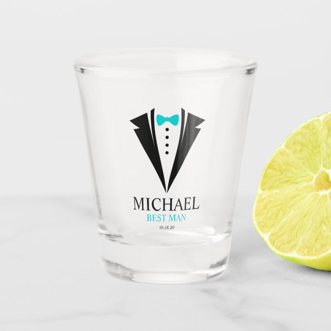 Bright Aqua Bow Tie  "Best Man" Tuxedo Shot Glass (Front)