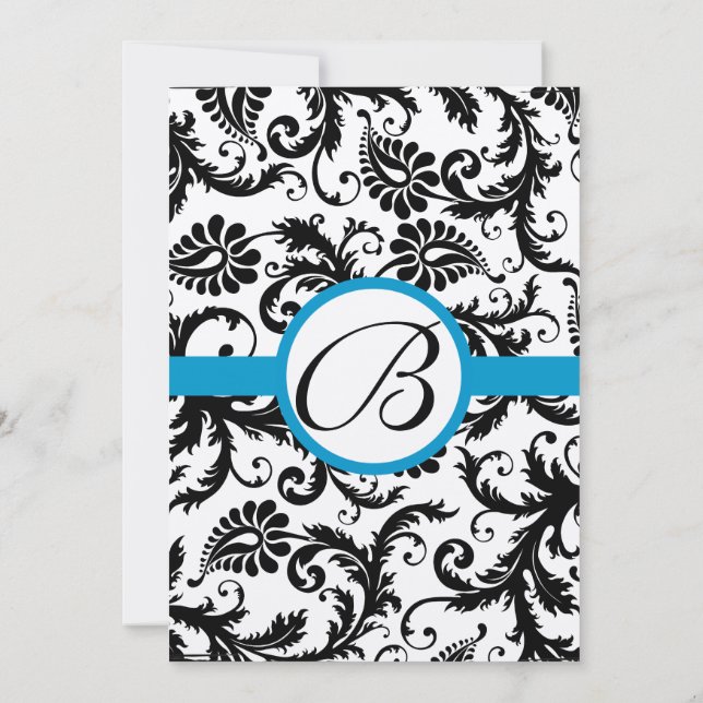 Bright Aqua Damask Floral Swirls Wedding  Invitation (Back)