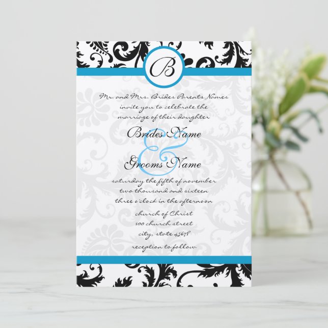 Bright Aqua Damask Floral Swirls Wedding  Invitation (Standing Front)