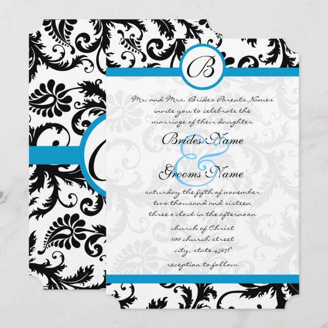 Bright Aqua Damask Floral Swirls Wedding  Invitation (Front/Back)