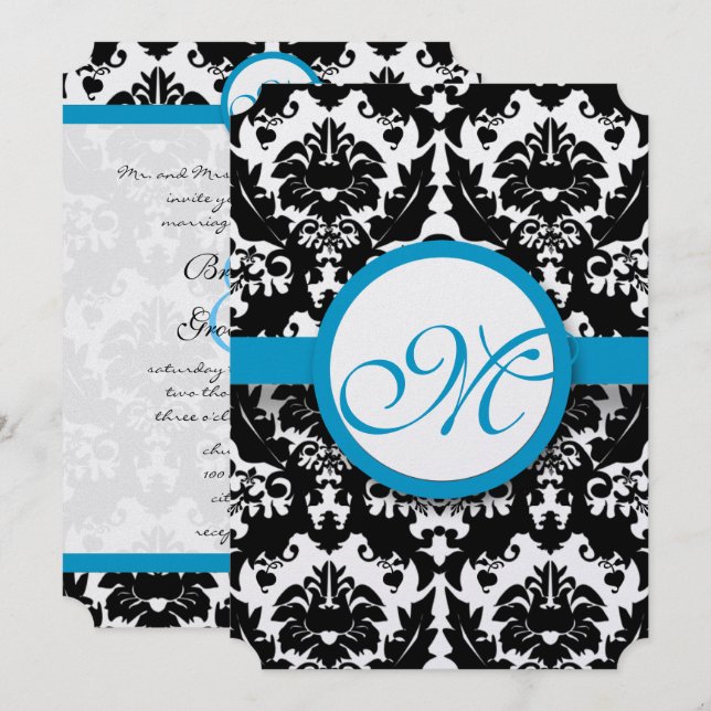 Bright Aqua Damask Heart Swirls Wedding Invitation (Front/Back)