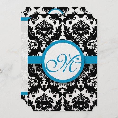 Bright Aqua Damask Heart Swirls Wedding Invitation