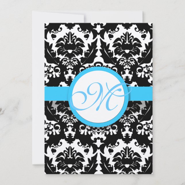 Bright Aqua Damask Heart Swirls Wedding Invitation (Front)