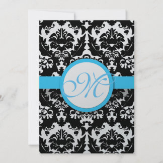 Bright Aqua Damask Heart Swirls Wedding Invitation