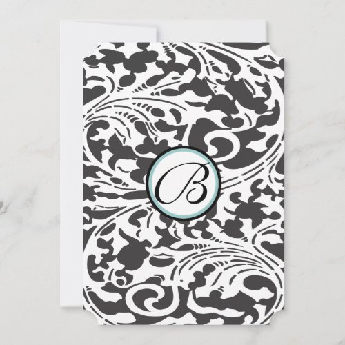 Bright Aqua Damask Leaf Swirls Wedding Invitation